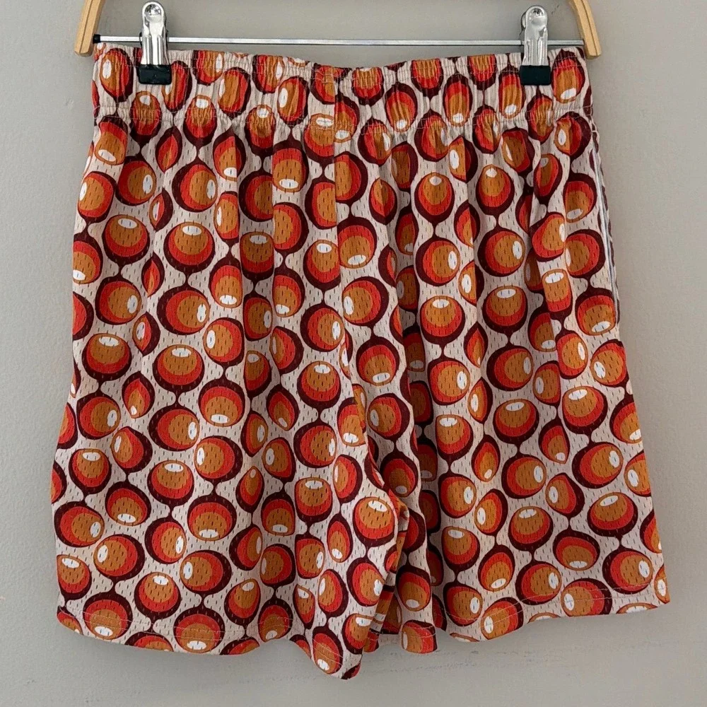 Inaka‎ Power Mens XL Mesh Gym Shorts Orange Red Retro Geometric Circle Pattern